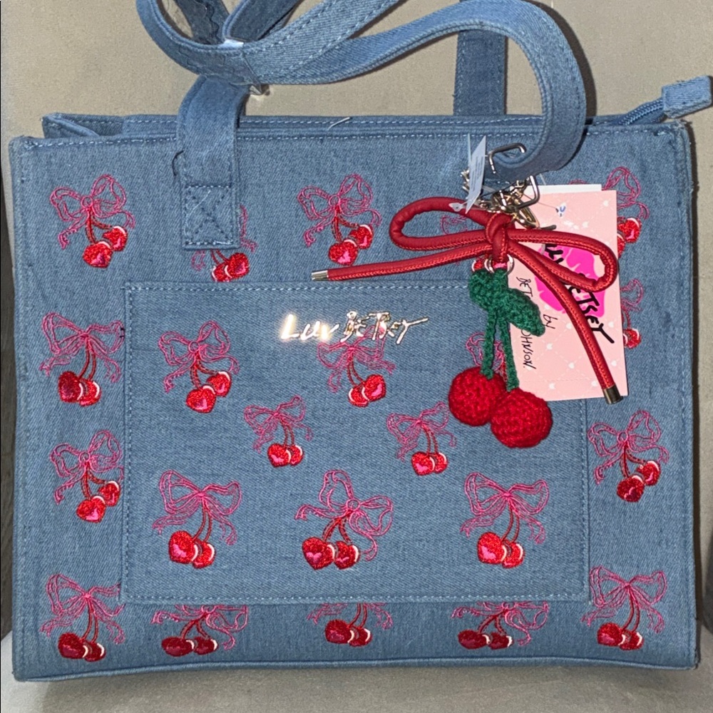 24HR DROP ⬇️ Betsey Johnson embroidered heart cherries denim tote bag - Picture 2 of 5
